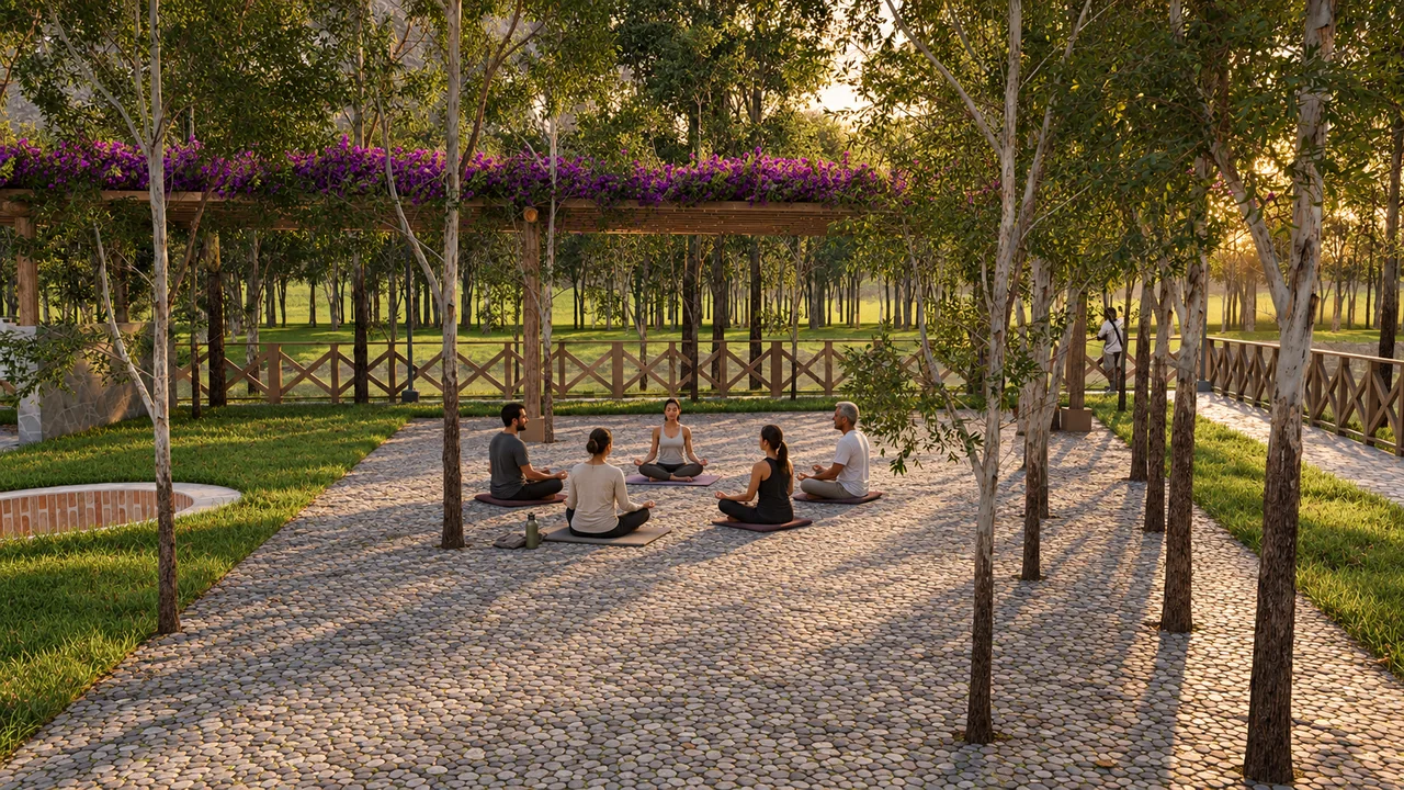 Render referencial de un área verde de contemplación integrada entre árboles.