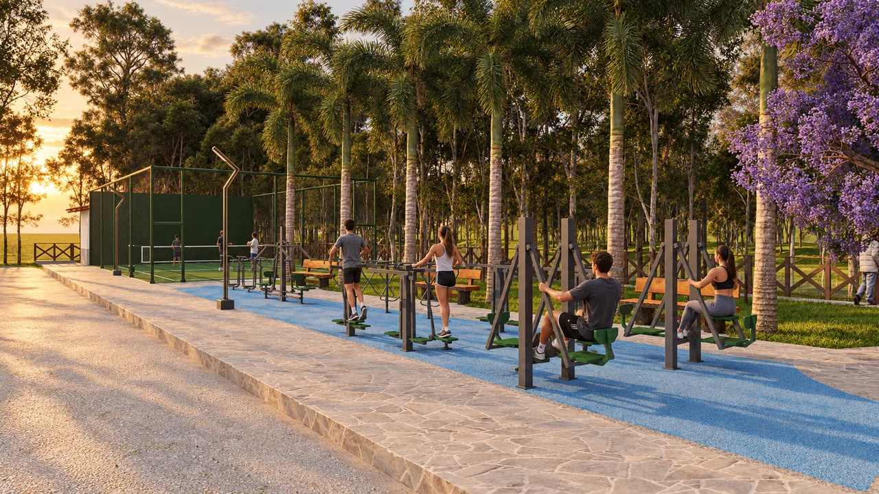 Render referencial de la zona de gimnasio al aire libre.