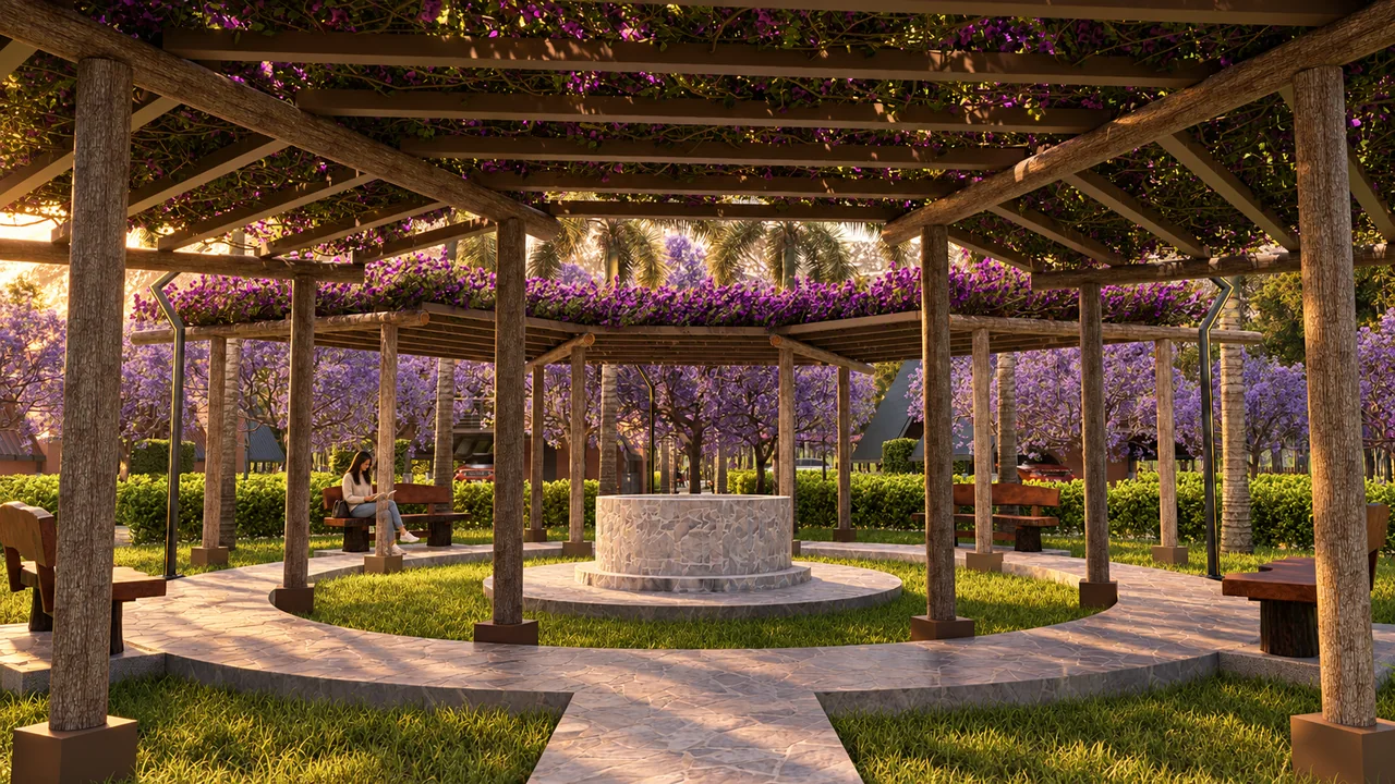 Render referencial de una pérgola y mobiliario de madera dentro del recorrido peatonal.