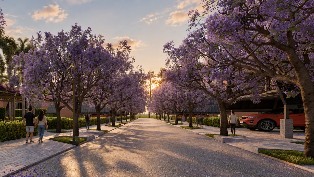 Render referencial de la calle Jacarandá y su recorrido paisajístico.
