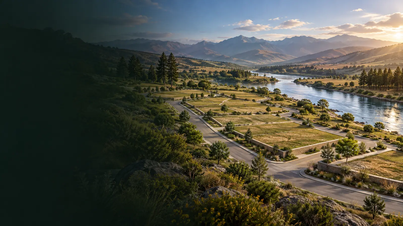 Ilustración conceptual del entorno de Villa Verde, con vegetación, vías proyectadas y el río presente en el paisaje.